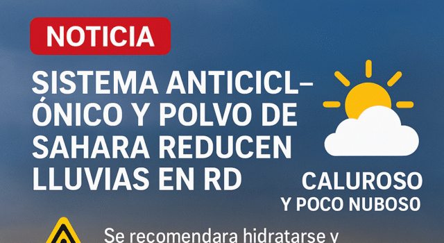 Sistema anticiclónico y polvo del Sahara reducen lluvias en RD; se esperan cambios por onda tropical