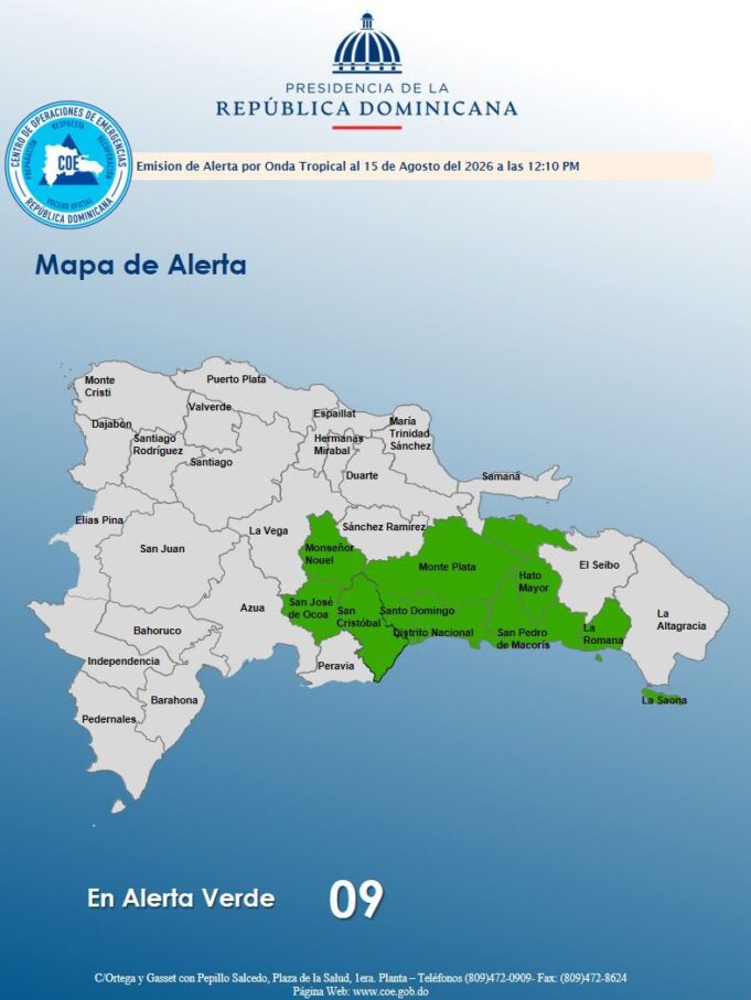 COE declara alerta verde en nueve provincias y el Distrito Nacional por posibles inundaciones